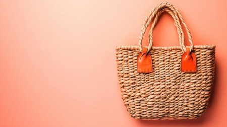 A beautifully crafted woven handbag featuring leather accents sits against a soft coral background, embodying stylish elegance and practicality for any fashion lover.の素材