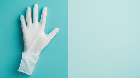A single white medical glove rests on a solid turquoise background, showcasing cleanliness and hygiene, ideal for healthcare-related designs.の素材