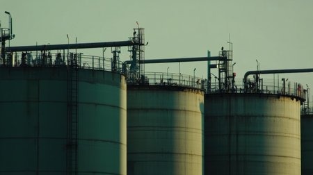 This image captures a series of industrial storage tanks at an oil refinery site, framed by intricate piping and silhouetted workers, showcasing modern infrastructure.の素材