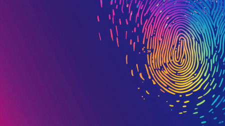 This vibrant abstract design featuring a colorful fingerprint on a smooth gradient background represents identity and creativity. Ideal for various applications.の素材