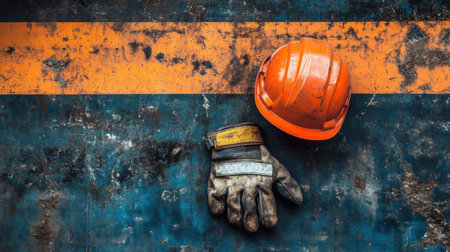 A vibrant orange hard hat lies next to a weathered work glove against a blue and orange textured background, symbolizing safety in industrial work.の素材
