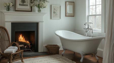 This inviting bathroom scene features a vintage clawfoot bathtub, a warm fireplace, and elegant floral decor, creating a cozy and serene atmosphere.の素材