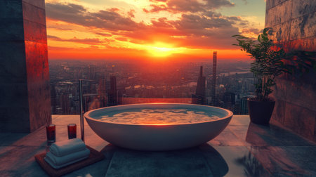 This stunning image captures a luxurious bathroom featuring a modern bathtub with a breathtaking view of a vibrant sunset over the city skyline.の素材
