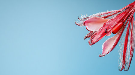A stunning close-up of an exotic flower petal showcasing intricate textures and vibrant hues against a soft blue background, perfect for nature lovers.の素材