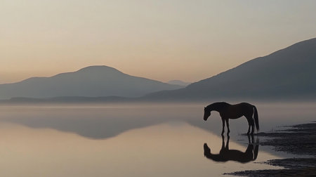 A tranquil scene of a solitary horse standing by a lake at sunrise. The misty atmosphere and silhouetted mountains create a captivating and serene landscape.の素材