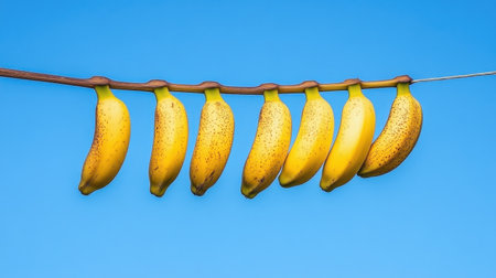 A vibrant image of fresh yellow bananas hanging on a branch, set against a captivating blue sky. This photo captures the essence of healthy eating and nature's bounty.の素材