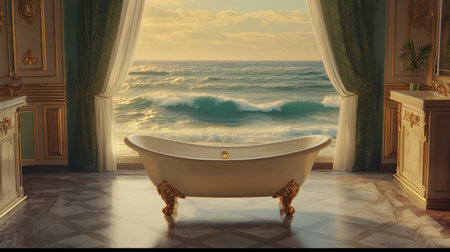A stunning scene featuring an elegant bathtub positioned by large windows, overlooking majestic ocean waves. The luxurious decor sets a tranquil atmosphere, inviting relaxation and peace.の素材