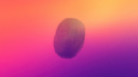 This image features an abstract fingerprint design set against a colorful gradient background, emphasizing themes of technology and identity.の素材