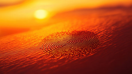 A mesmerizing close-up of an abstract fingerprint pattern against a warm sunset backdrop, creating a unique artistic expression with vibrant colors and soft focus.の素材