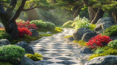 A breathtaking garden pathway inviting tranquility, lined with lush greenery and vibrant flowers, creating a peaceful outdoor escape in nature's beauty.の素材