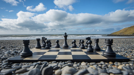 A captivating scene featuring a black chess set positioned on a beach with gentle waves and a dramatic sky, showcasing the contrast of nature and strategy.の素材