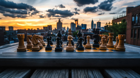 A captivating chess game set on a rooftop during sunset, featuring dark and light pieces against a stunning city skyline backdrop.の素材