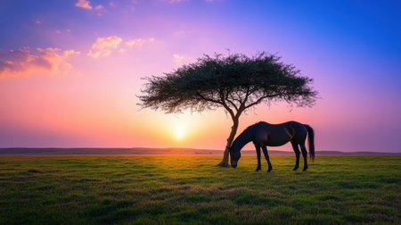 A stunning scene of a horse grazing peacefully under a solitary tree at sunset, showcasing vibrant colors in the sky and a serene landscape, ideal for nature lovers.の素材