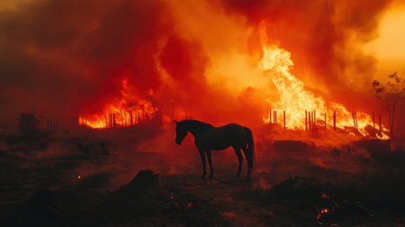 A majestic horse stands silhouetted against a dramatic backdrop of flames and smoke from a raging wildfire, capturing the intensity of nature's power.の素材