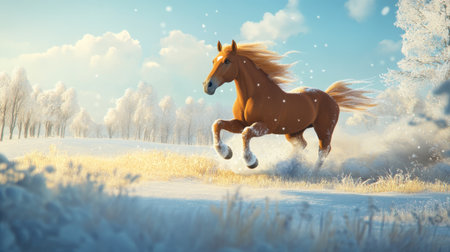A stunning scene depicting a horse galloping gracefully through a snowy landscape, adorned with golden grasses under a bright blue sky, embodying freedom and beauty.の素材