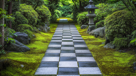 Discover a serene pathway nestled in a lush garden, featuring stone lanterns and vibrant green moss, inviting tranquility and peace amidst nature's beauty.の素材