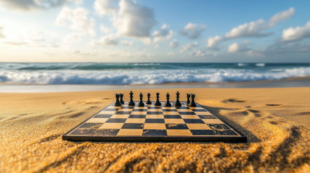 A unique scene featuring a chessboard set against a beautiful beach backdrop, with ocean waves gently lapping at the sand under a colorful sunset sky.の素材