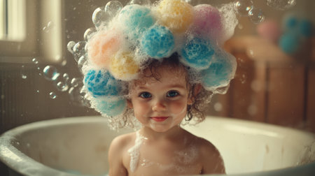 A charming scene of a toddler enjoying bath time, adorned with fluffy, colorful sponges, surrounded by bubbles that create a cheerful atmosphere, capturing pure joy.の素材