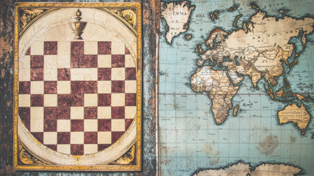 This artistic representation features a vintage chessboard alongside an antique world map, creating a unique blend of strategy and geography.の素材