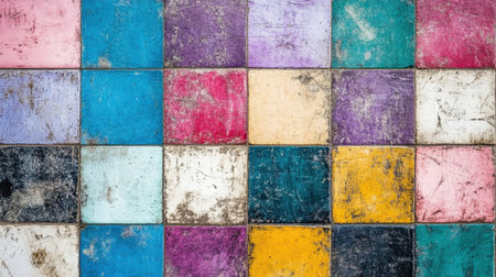 This image features an array of colorful square tiles, each with a grunge texture. The vibrant tones create a striking visual appeal, ideal for art, design, and creative projects.の素材