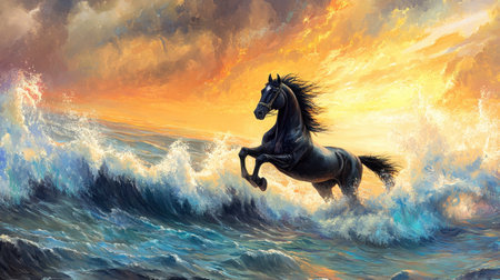 A breathtaking depiction of a black horse leaping through vibrant ocean waves at sunset. The dramatic sky and colorful clouds create a magical atmosphere, showcasing natureの素材