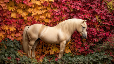 A stunning palomino horse stands elegantly amidst a backdrop of vibrant autumn leaves in shades of red and orange, creating a serene and picturesque scene.の素材