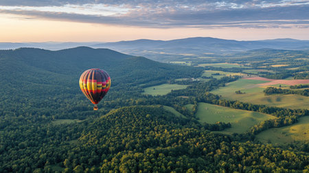 A colorful hot air balloon gracefully floats above lush green hills and a stunning mountain range, capturing the essence of adventure and tranquility at sunrise.の素材