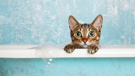 A charming tabby cat looks curiously over the edge of a bathtub filled with bubbles against a soft blue wall, embodying playfulness and innocence.の素材