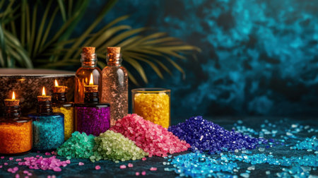 A vibrant arrangement of colorful bath salts and decorative bottles surrounded by flickering candles creates a serene spa atmosphere, perfect for relaxation and rejuvenation.の素材
