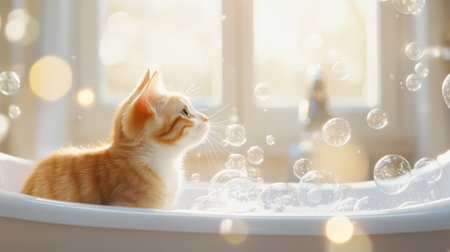 A charming scene of a playful orange kitten sitting in a bright bathtub, surrounded by floating bubbles. The soft natural light creates an enchanting atmosphere, highlighting the kitten's adorable features.の素材