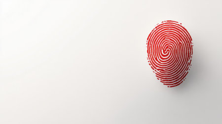 A bold red fingerprint rests atop a clean white background, symbolizing the importance of security and identity in the digital world. This image captures the essence of personal authentication and privacy.の素材