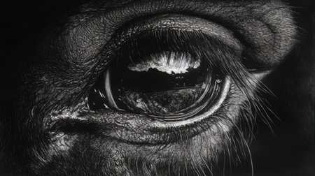 This stunning black and white artwork captures the intricate details of a horse's eye, reflecting a serene landscape. The depth and texture evoke emotion and showcase the beauty of nature.の素材