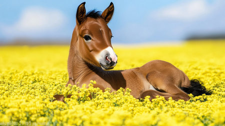 A stunning foal rests gracefully in a vibrant yellow flower field, basking under a clear blue sky, embodying peace and innocence in nature.の素材