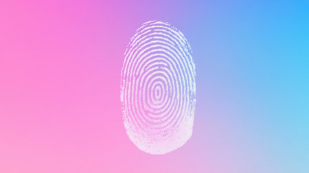 This image features an abstract fingerprint design set against a vibrant gradient background of pink and blue, representing concepts of security and identity.の素材