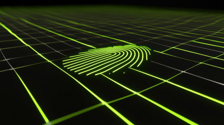 A captivating image featuring a neon fingerprint on a grid background, symbolizing advanced technology and digital identity exploration in a futuristic design.の素材