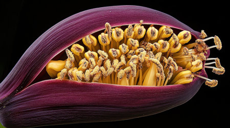 This close-up image showcases the stunning purple and yellow hues of a banana flower, revealing its intricate inner structure and natural beauty.の素材