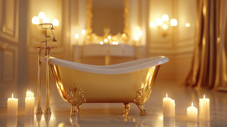 Experience tranquility in this elegant golden bathtub surrounded by soft candlelight, creating a luxurious ambiance perfect for relaxation and pampering.の素材