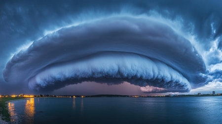 A stunning panoramic view of a dramatic cloud formation looming over calm waters during dusk, showcasing natureの素材