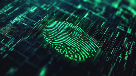 This image showcases a green fingerprint against a digital backdrop, symbolizing the intersection of identity and technology in the realm of cyber security.の素材