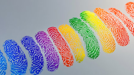 This vibrant artwork features a series of colorful fingerprints arranged in a spectrum, symbolizing individuality and personal identity in a modern style.の素材