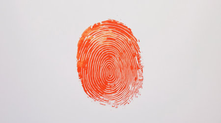 This image features a vibrant orange fingerprint pattern on a clean white background, symbolizing identity, security, and individuality in a striking visual style.の素材