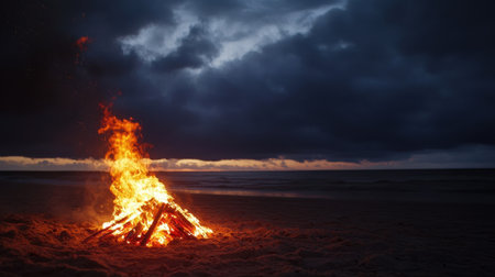 A captivating bonfire burns brightly on a sandy beach, casting warm light against a stunning backdrop of dramatic clouds and a serene ocean at dusk.の素材