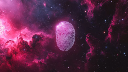 Explore a stunning abstract artwork featuring a fingerprint over a vibrant cosmic background, symbolizing identity and individuality within the vast universe.の素材