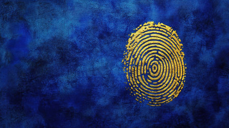This stunning abstract art features a golden fingerprint on a rich blue textured background, evoking themes of identity and security in a unique way.の素材