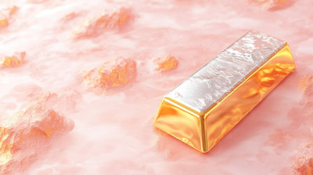 This high-quality image features a gold bar resting on a soft pink background, creating a striking contrast that symbolizes luxury and wealth.の素材