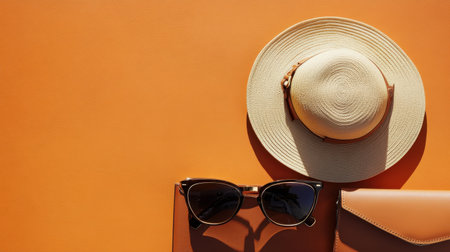 A stylish flat lay featuring elegant summer accessories, including a chic hat, fashionable sunglasses, and a sleek wallet, all set against a vibrant orange backdrop, ideal for seasonal promotions and lifestyle branding.の素材