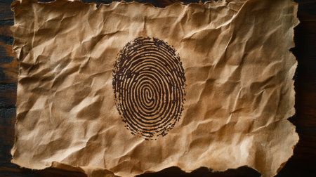 Unique vintage fingerprint imprint rests on crumpled old paper, blending texture and history for captivating art and design applications.の素材