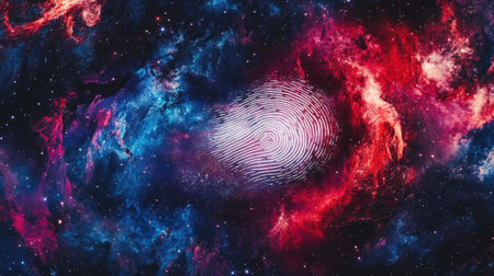 A mesmerizing cosmic fingerprint emerges amid vibrant galaxy swirls, symbolizing the intersection of identity and the vast universe, evoking wonder.の素材