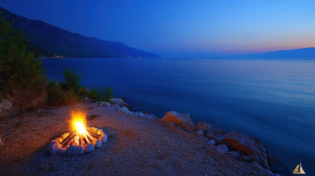 A beautiful campfire flickers on a rocky shoreline during dusk, surrounded by tranquil waters and mountains in the backdrop. Perfect for relaxation.の素材
