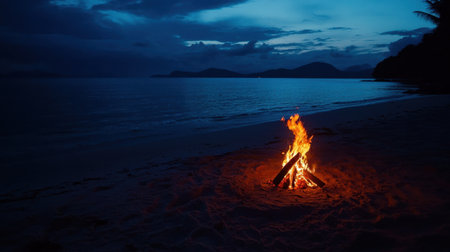 A tranquil beach scene featuring a cozy campfire at dusk, surrounded by soft sand and a serene ocean. The dramatic sky enhances the calm atmosphere.の素材